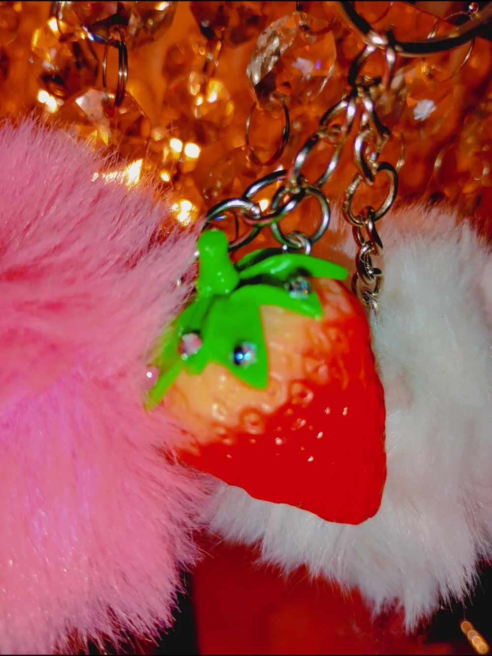 Pink Fur Pom Pom Strawberry Keychain Charm